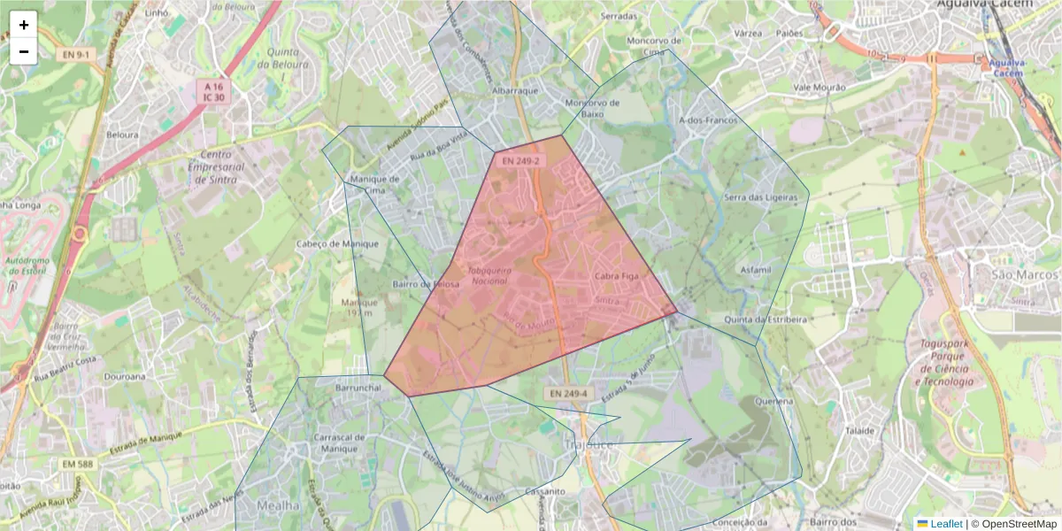 Mapa detalhado do código postal 2635-047 com limites, códigos postais vizinhos e agências dos correios