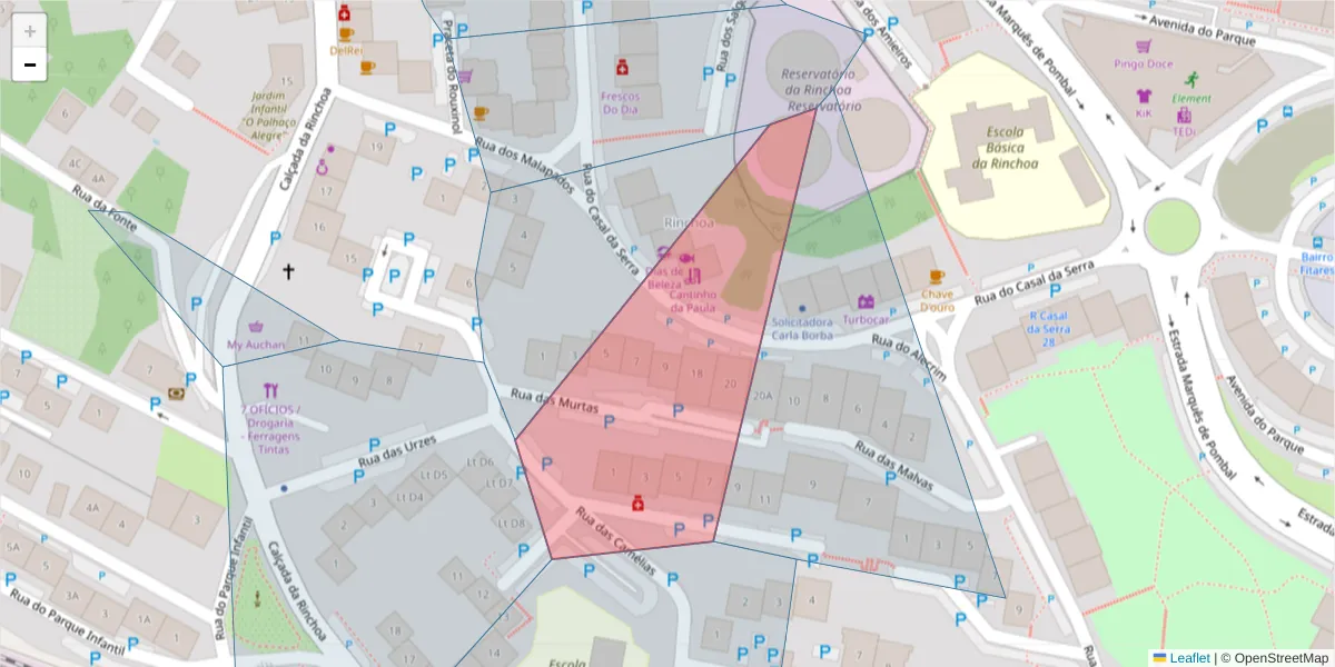 Mapa detalhado do código postal 2635-110 com limites, códigos postais vizinhos e agências dos correios