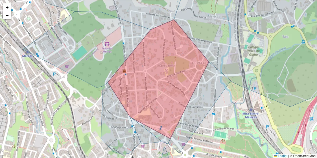Mapa detalhado do código postal 2635-112 com limites, códigos postais vizinhos e agências dos correios
