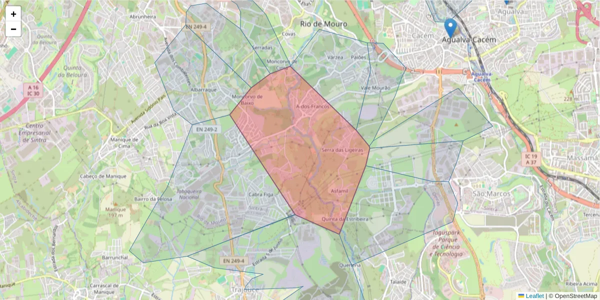 Mapa detalhado do código postal 2635-145 com limites, códigos postais vizinhos e agências dos correios