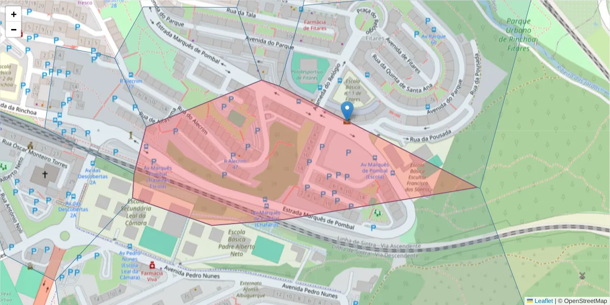 Mapa detalhado do código postal 2635-302 com limites, códigos postais vizinhos e agências dos correios