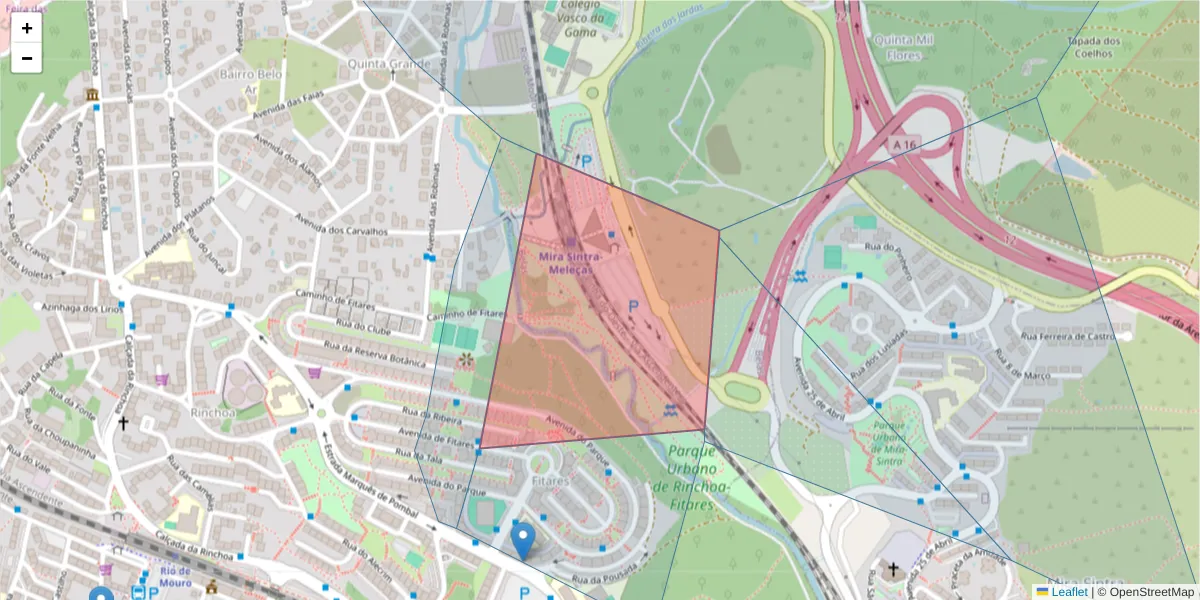 Mapa detalhado do código postal 2635-456 com limites, códigos postais vizinhos e agências dos correios