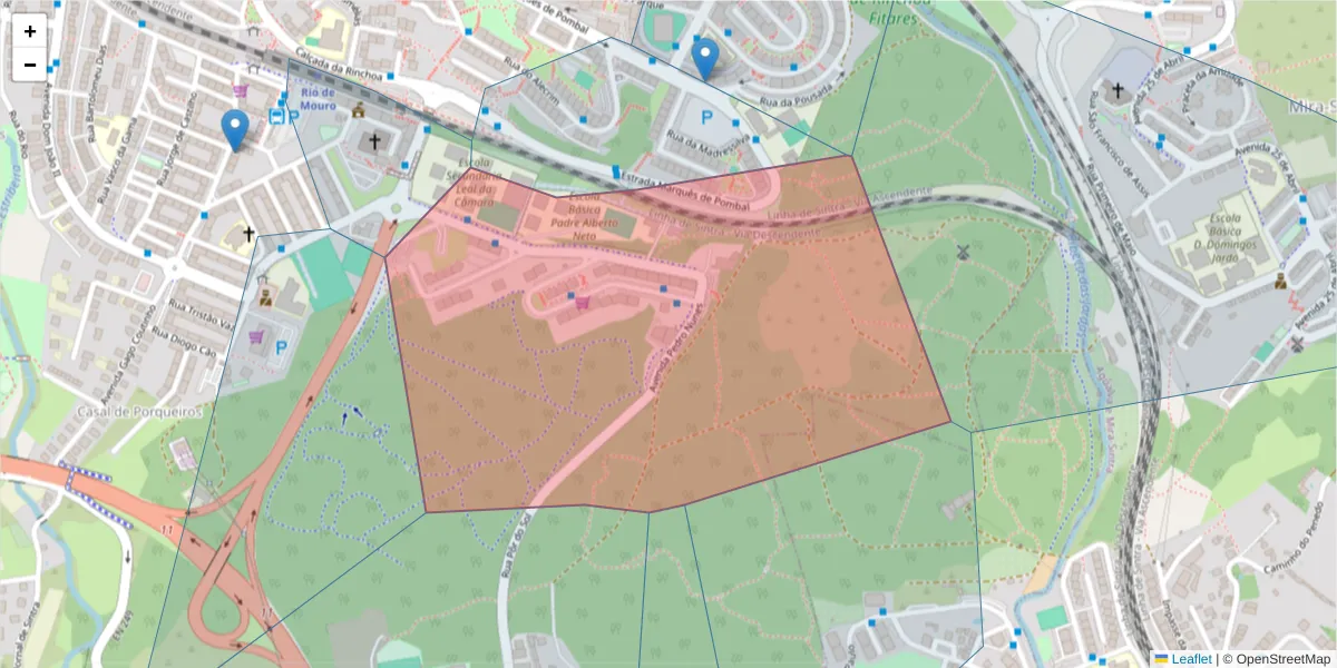 Mapa detalhado do código postal 2635-584 com limites, códigos postais vizinhos e agências dos correios