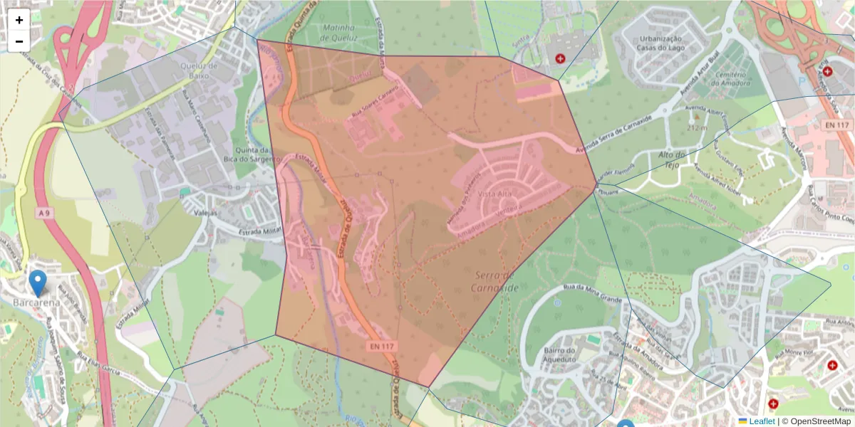 Mapa detalhado do código postal 2720-802 com limites, códigos postais vizinhos e agências dos correios