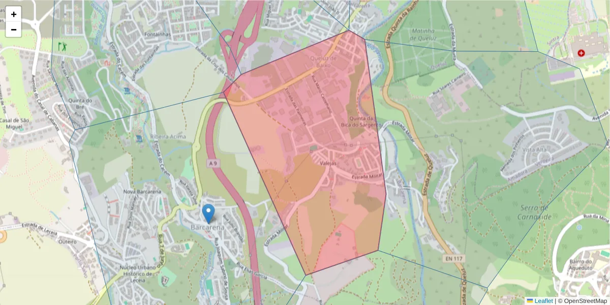 Mapa detalhado do código postal 2730-106 com limites, códigos postais vizinhos e agências dos correios
