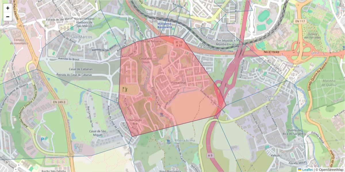 Mapa detalhado do código postal 2730-123 com limites, códigos postais vizinhos e agências dos correios