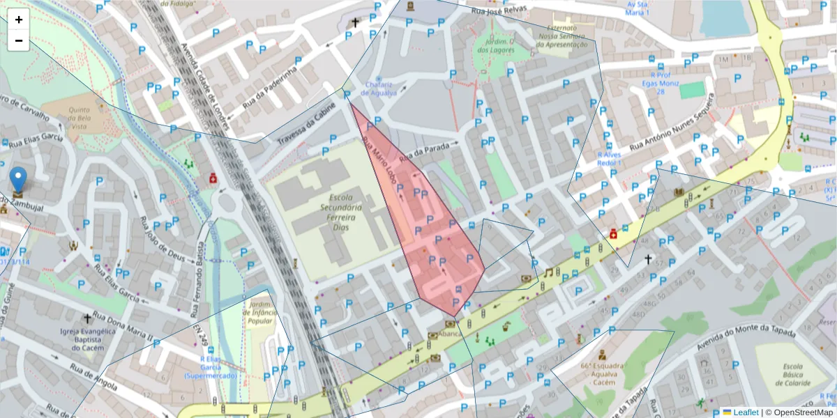 Mapa detalhado do código postal 2735-056 com limites, códigos postais vizinhos e agências dos correios