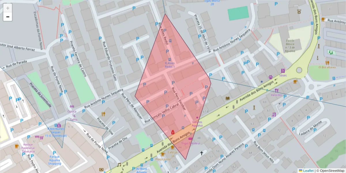 Mapa detalhado do código postal 2735-074 com limites, códigos postais vizinhos e agências dos correios