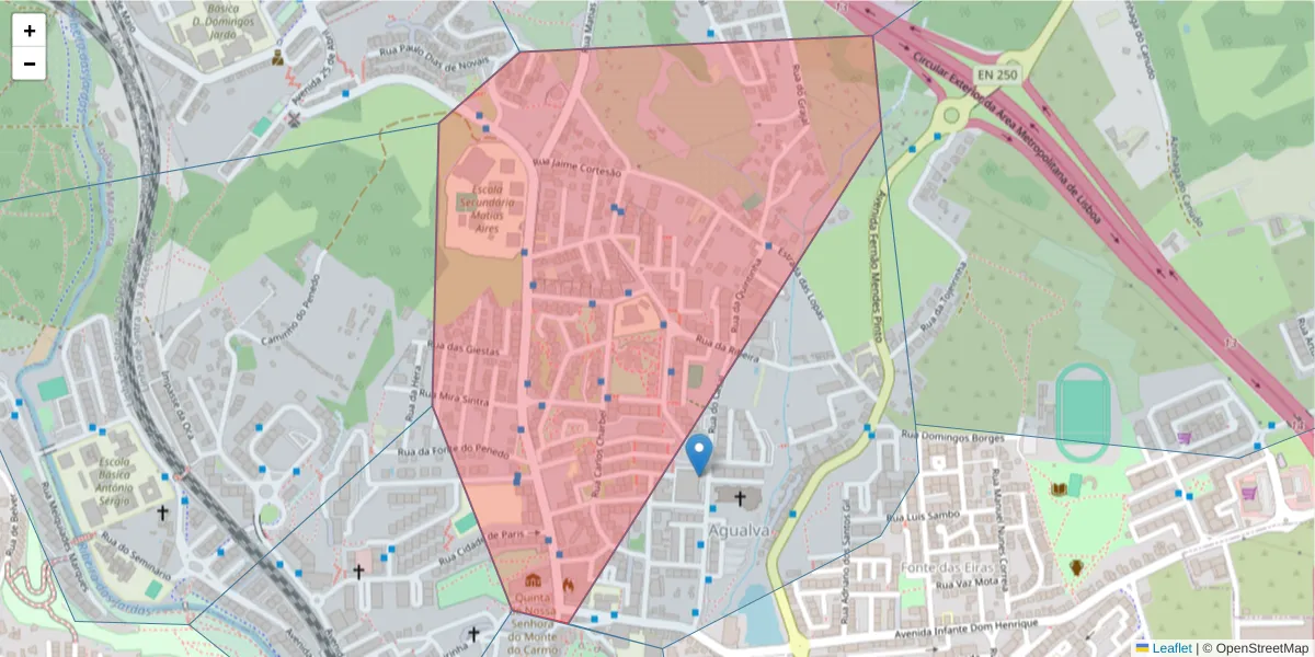 Mapa detalhado do código postal 2735-122 com limites, códigos postais vizinhos e agências dos correios