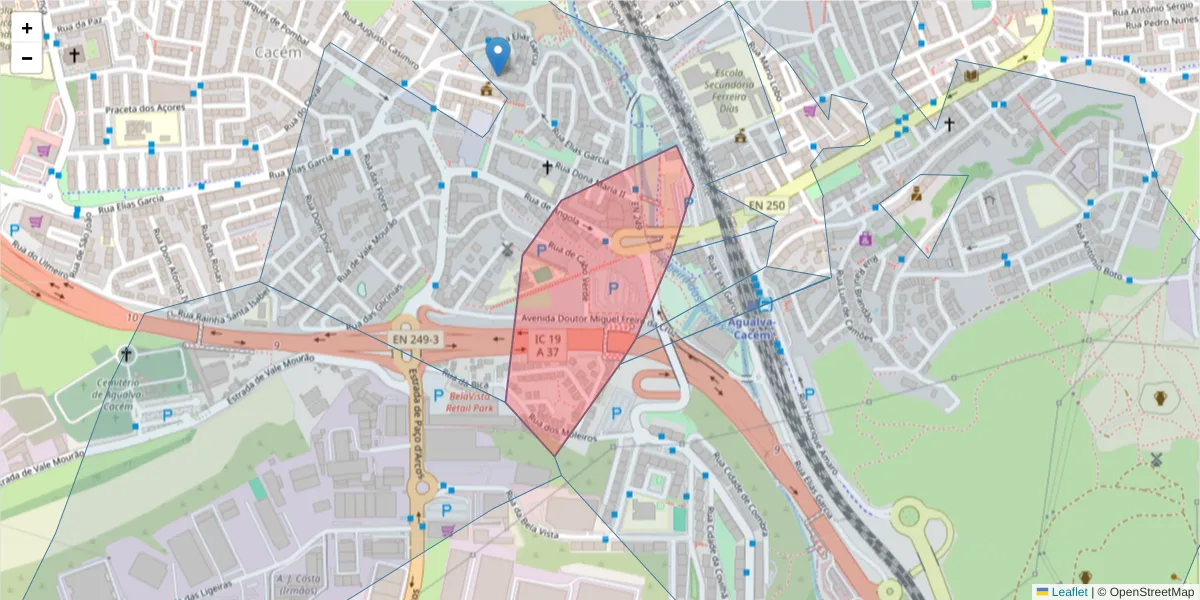 Mapa detalhado do código postal 2735-293 com limites, códigos postais vizinhos e agências dos correios