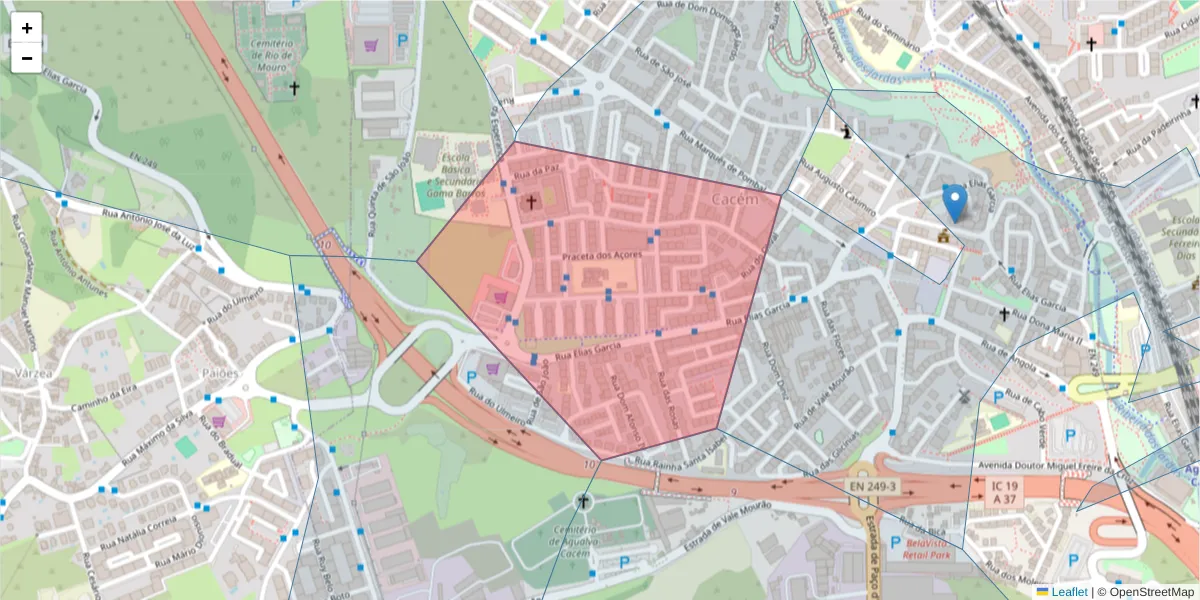 Mapa detalhado do código postal 2735-470 com limites, códigos postais vizinhos e agências dos correios