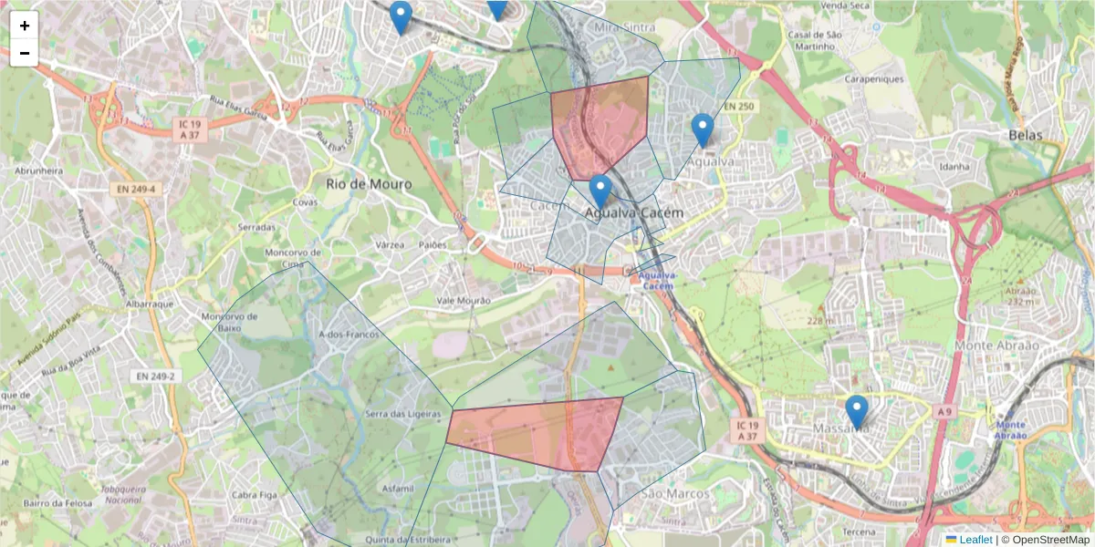 Mapa detalhado do código postal 2735-521 com limites, códigos postais vizinhos e agências dos correios