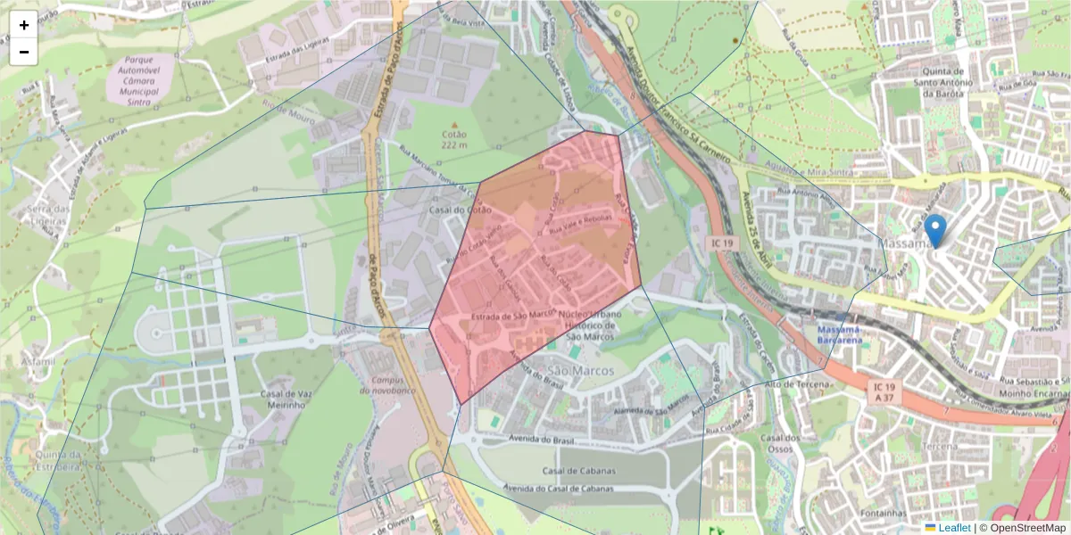 Mapa detalhado do código postal 2735-529 com limites, códigos postais vizinhos e agências dos correios