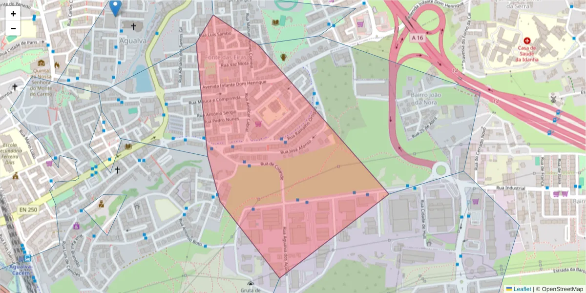 Mapa detalhado do código postal 2735-535 com limites, códigos postais vizinhos e agências dos correios