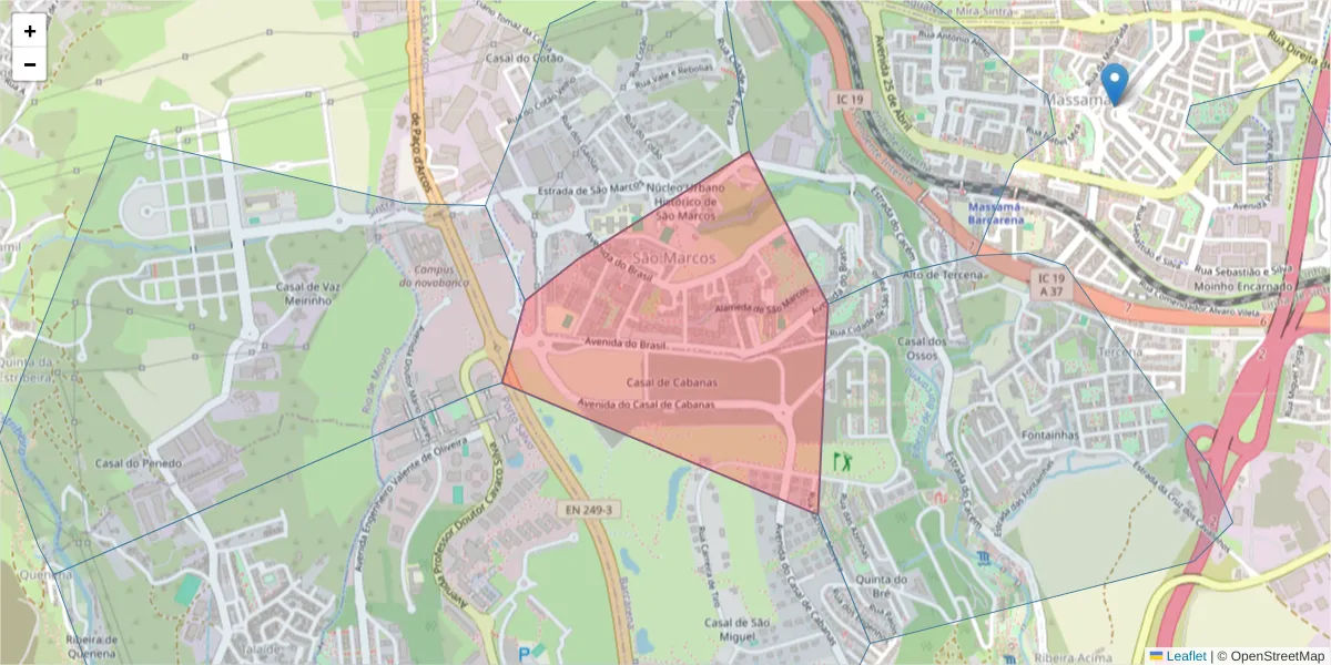 Mapa detalhado do código postal 2735-653 com limites, códigos postais vizinhos e agências dos correios