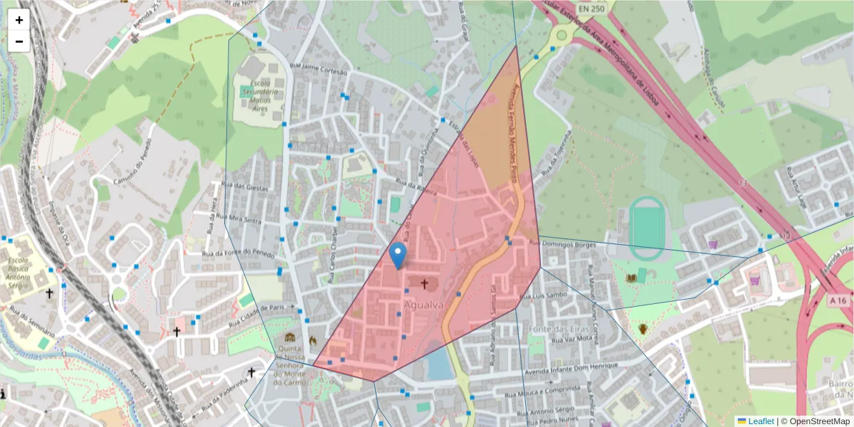 Mapa detalhado do código postal 2735 com limites, códigos postais vizinhos e agências dos correios