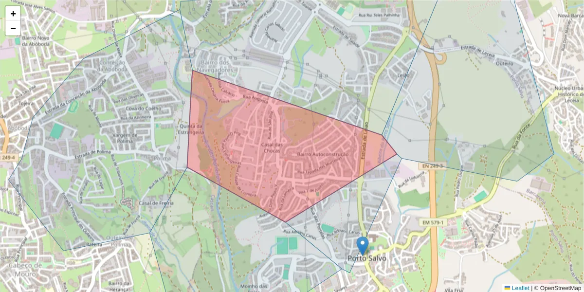 Mapa detalhado do código postal 2740-025 com limites, códigos postais vizinhos e agências dos correios