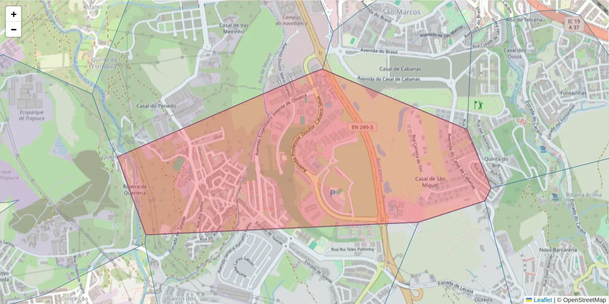 Mapa detalhado do código postal 2740-122 com limites, códigos postais vizinhos e agências dos correios