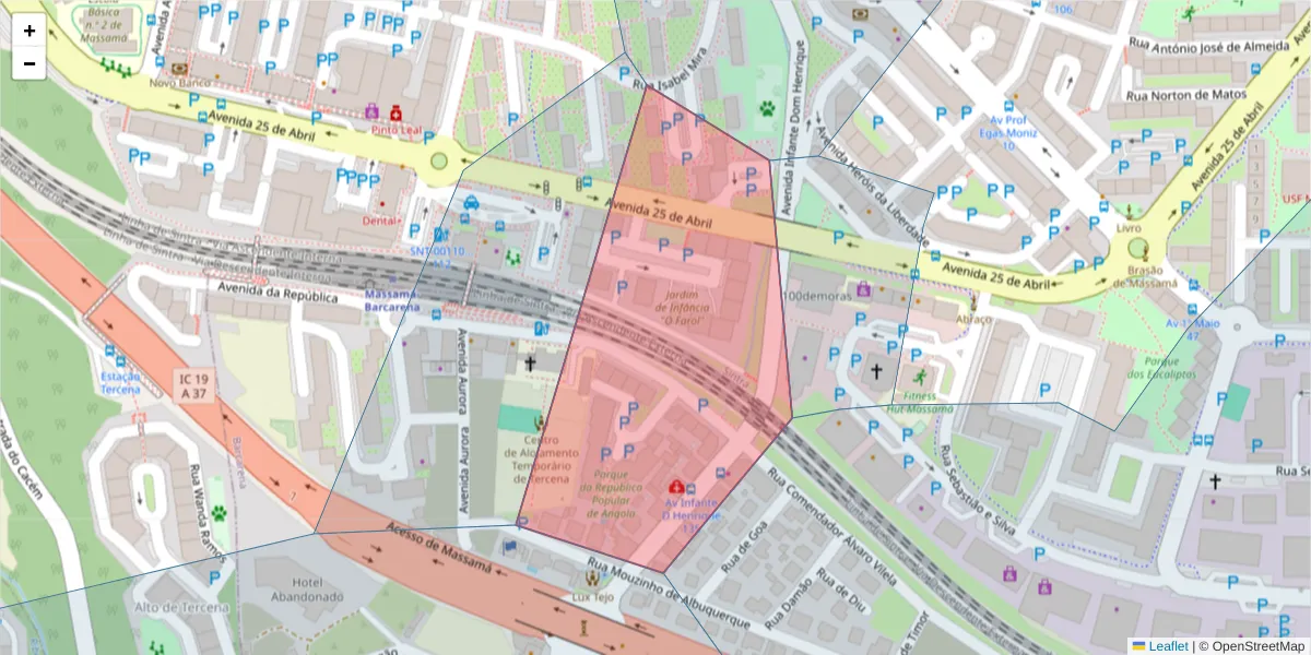 Mapa detalhado do código postal 2745-000 com limites, códigos postais vizinhos e agências dos correios
