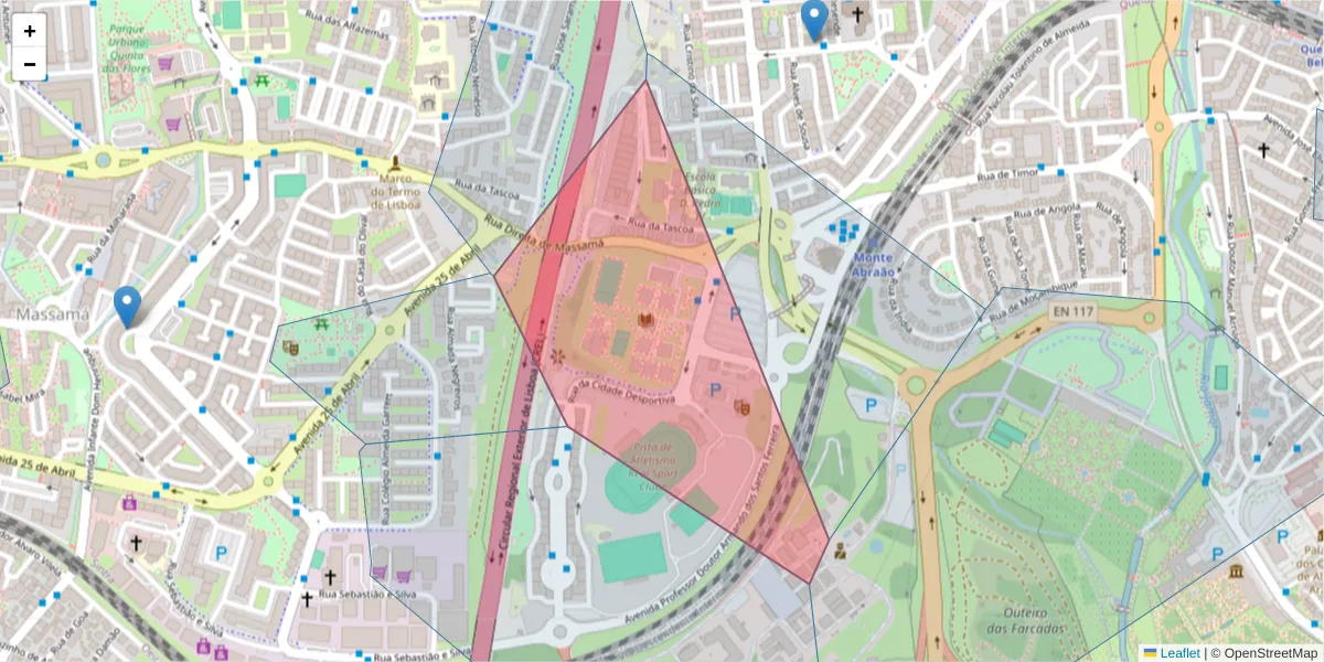 Mapa detalhado do código postal 2745-003 com limites, códigos postais vizinhos e agências dos correios