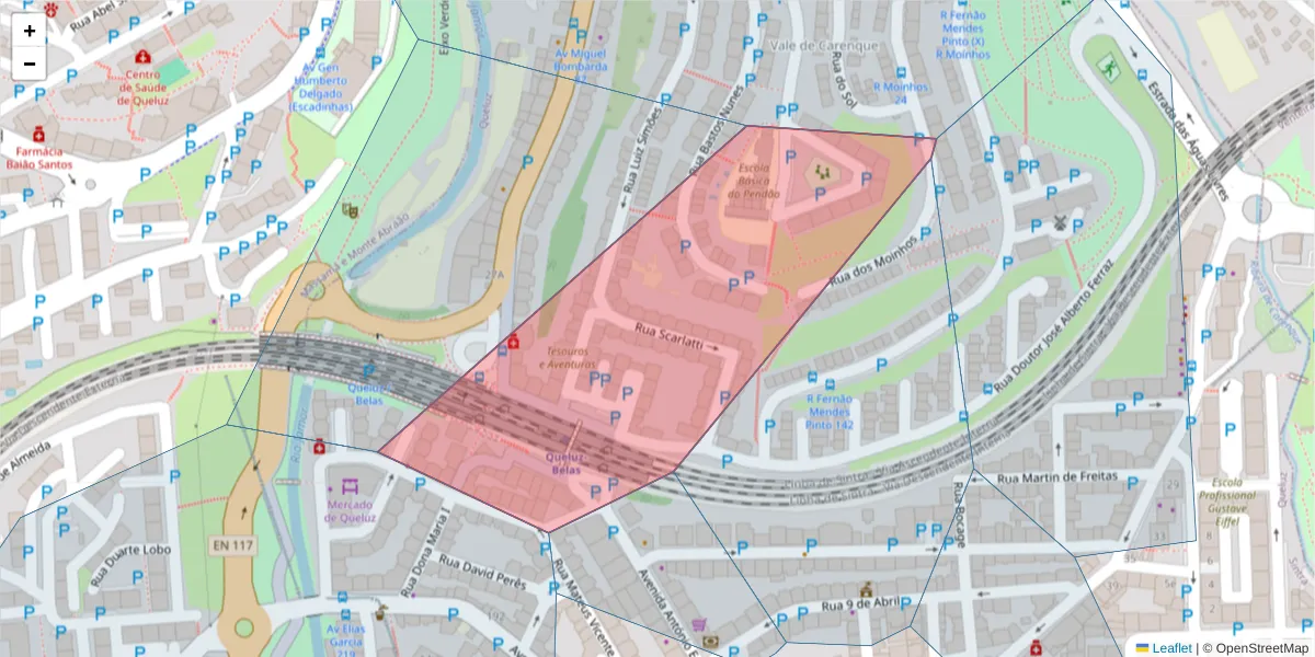 Mapa detalhado do código postal 2745-035 com limites, códigos postais vizinhos e agências dos correios