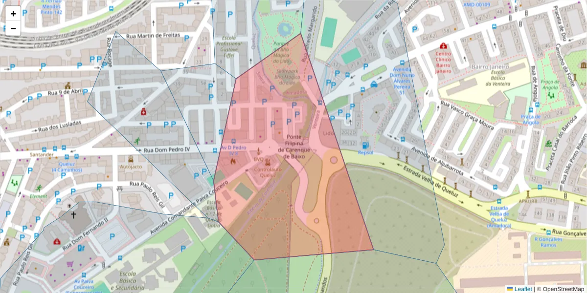 Mapa detalhado do código postal 2745-055 com limites, códigos postais vizinhos e agências dos correios