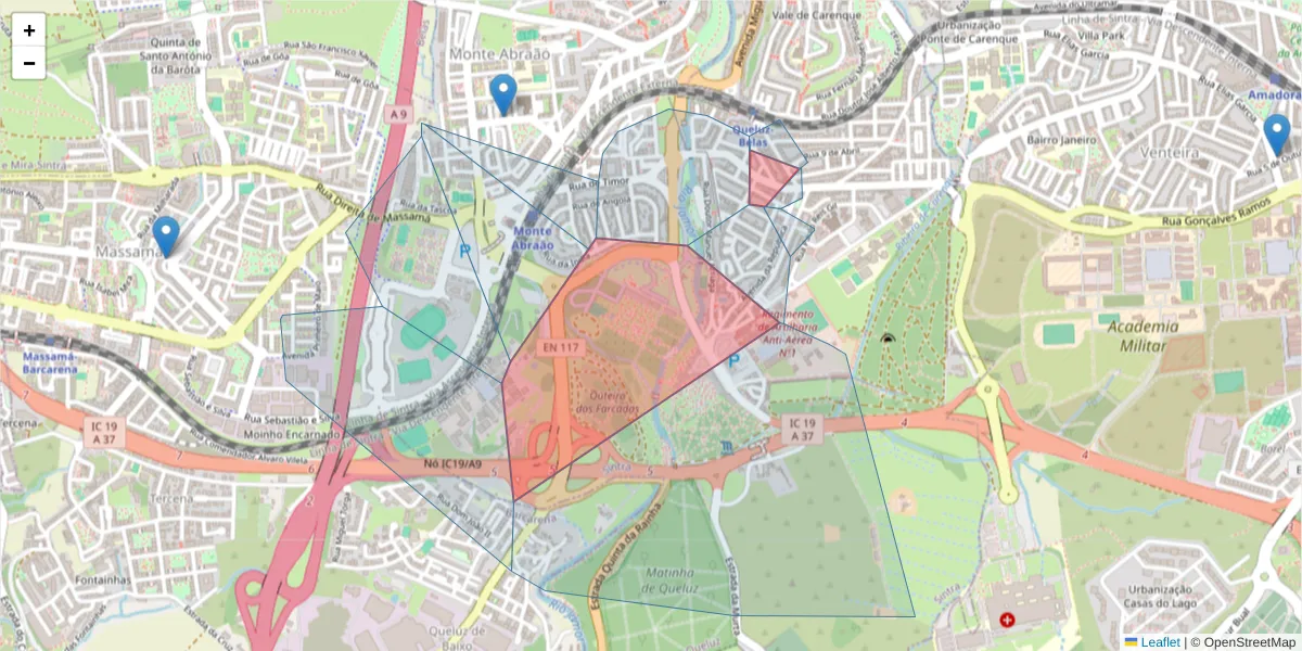 Mapa detalhado do código postal 2745-068 com limites, códigos postais vizinhos e agências dos correios