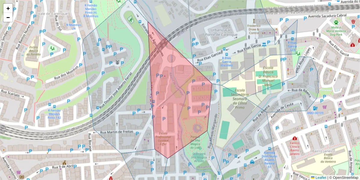 Mapa detalhado do código postal 2745-091 com limites, códigos postais vizinhos e agências dos correios