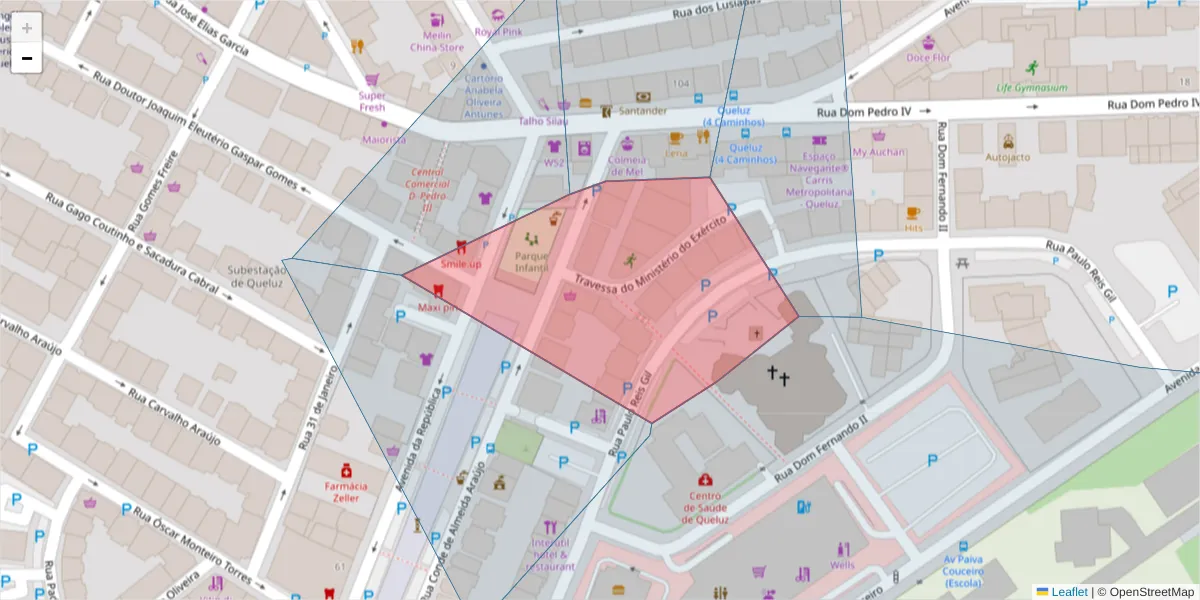 Mapa detalhado do código postal 2745-179 com limites, códigos postais vizinhos e agências dos correios