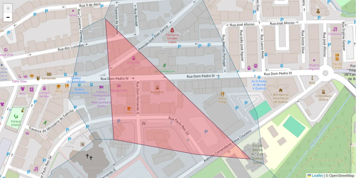 Mapa detalhado do código postal 2745-201 com limites, códigos postais vizinhos e agências dos correios