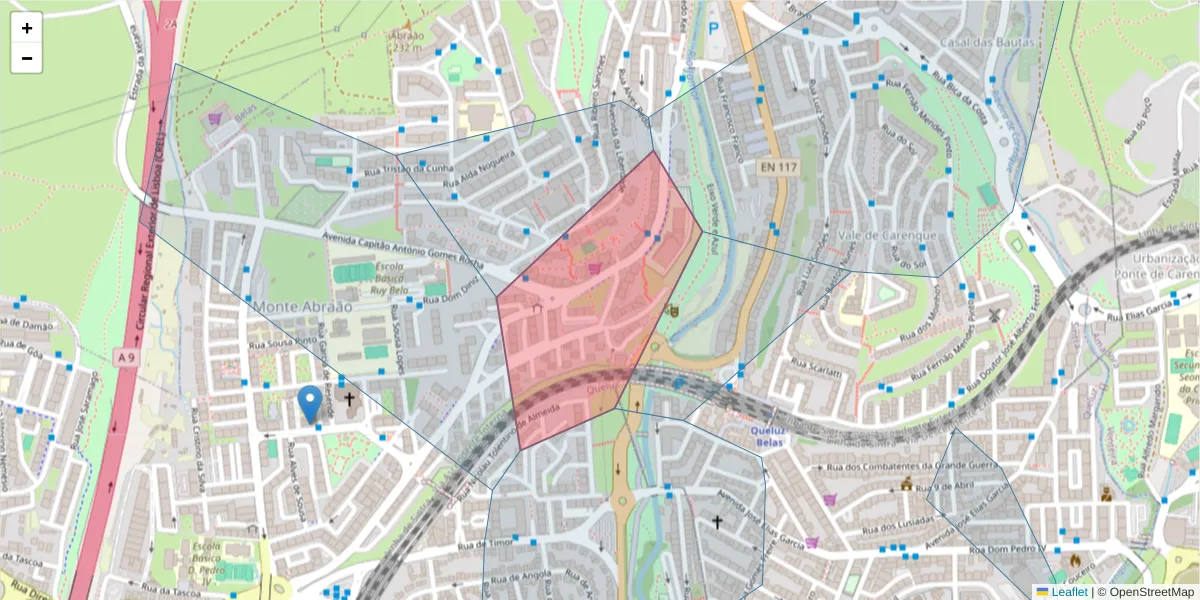 Mapa detalhado do código postal 2745-281 com limites, códigos postais vizinhos e agências dos correios