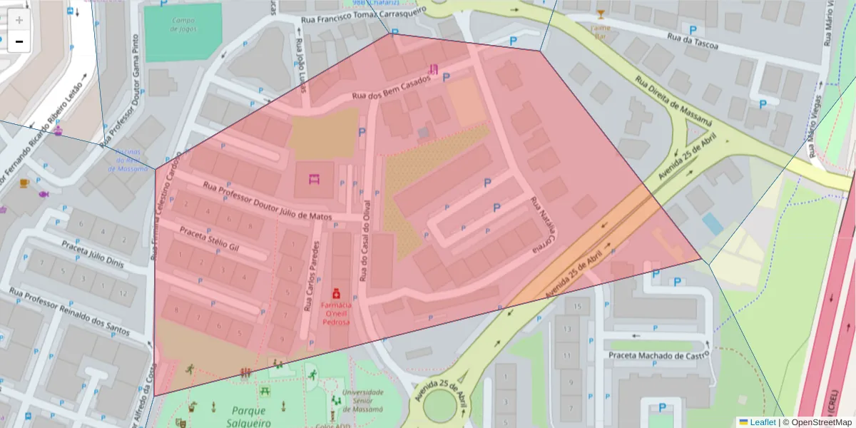 Mapa detalhado do código postal 2745-739 com limites, códigos postais vizinhos e agências dos correios