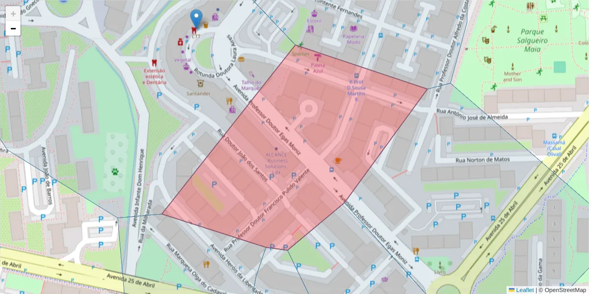 Mapa detalhado do código postal 2745-764 com limites, códigos postais vizinhos e agências dos correios