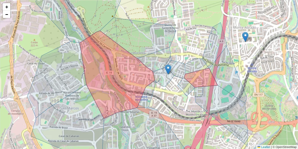 Mapa detalhado do código postal 2745-862 com limites, códigos postais vizinhos e agências dos correios