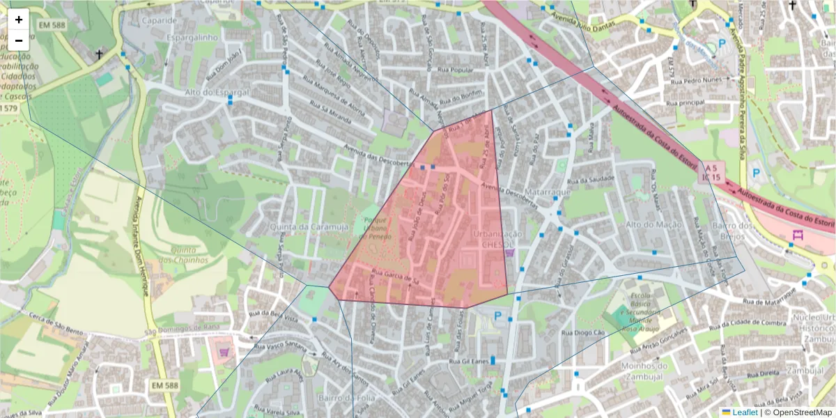 Mapa detalhado do código postal 2785-366 com limites, códigos postais vizinhos e agências dos correios