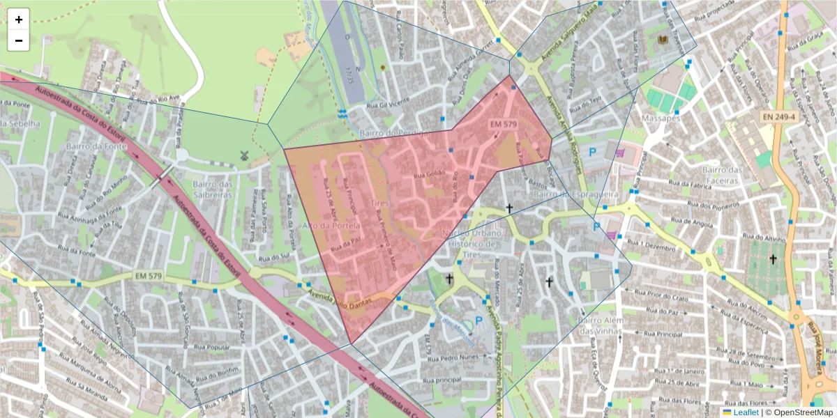 Mapa detalhado do código postal 2785-619 com limites, códigos postais vizinhos e agências dos correios
