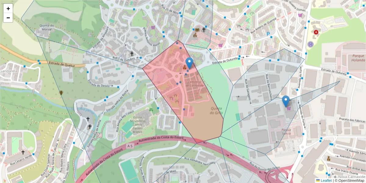 Mapa detalhado do código postal 2790-115 com limites, códigos postais vizinhos e agências dos correios
