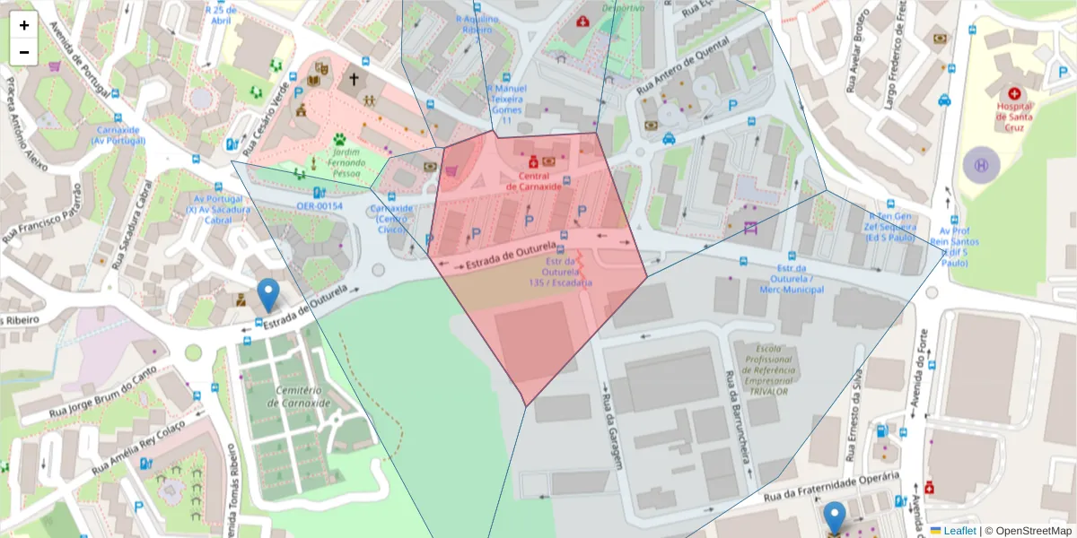 Mapa detalhado do código postal 2790-128 com limites, códigos postais vizinhos e agências dos correios