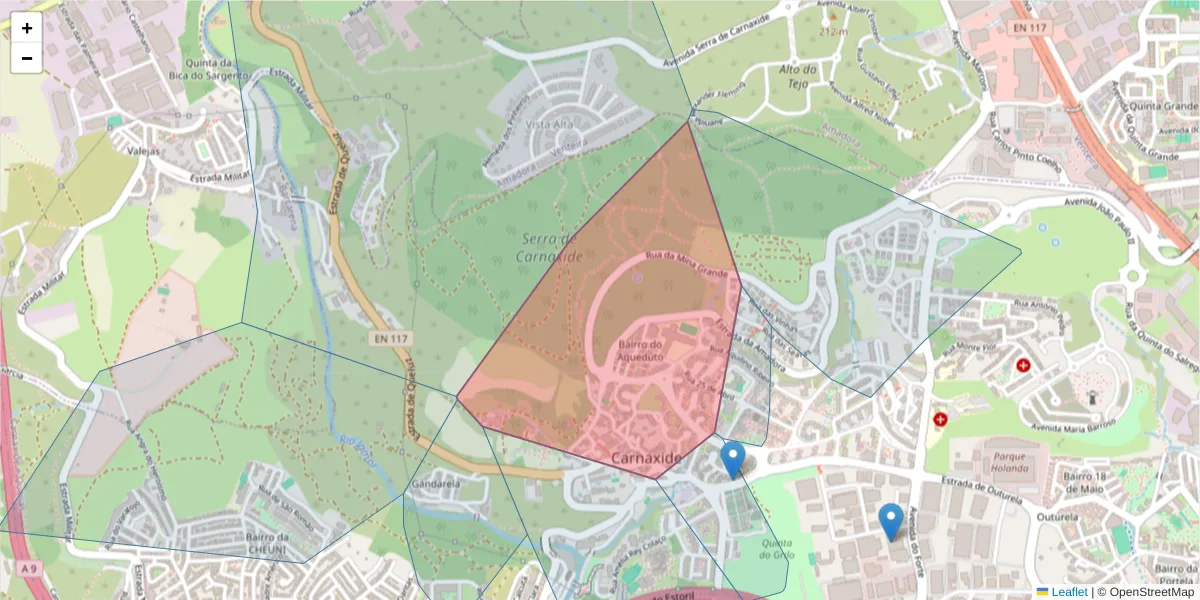 Mapa detalhado do código postal 2790-131 com limites, códigos postais vizinhos e agências dos correios