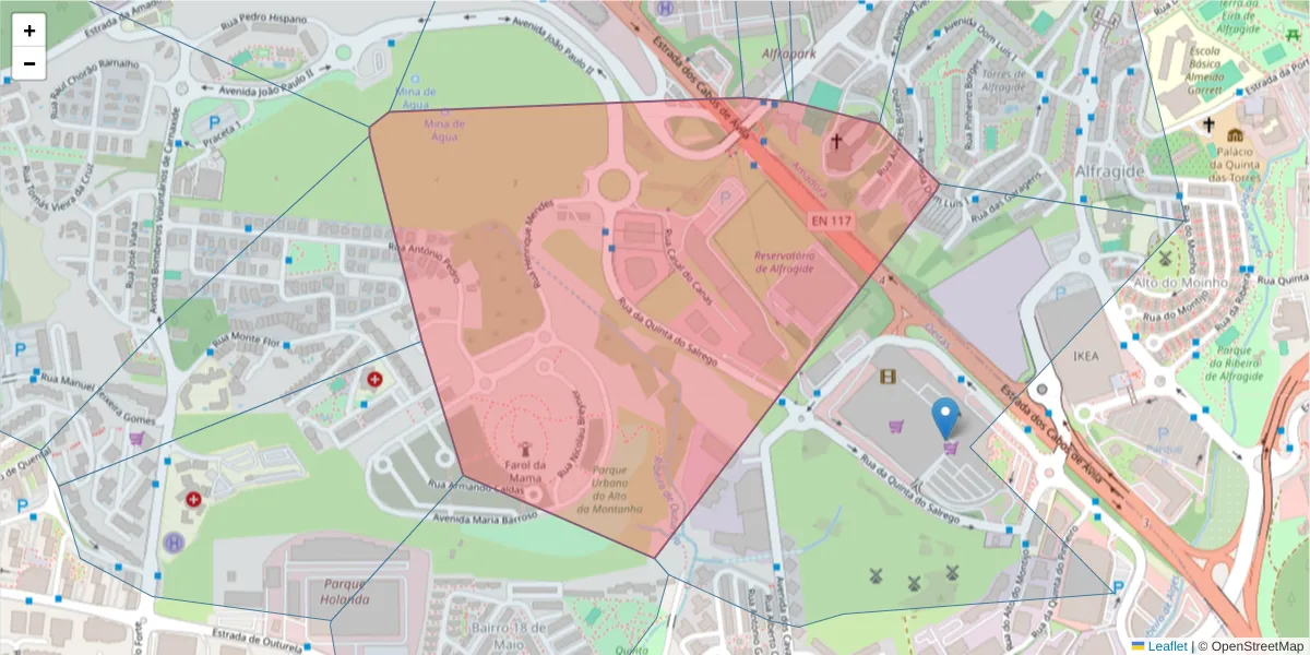 Mapa detalhado do código postal 2790-204 com limites, códigos postais vizinhos e agências dos correios