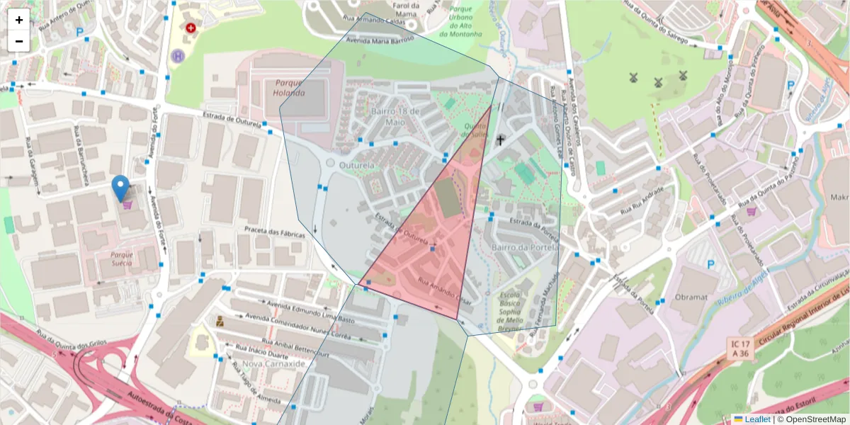 Mapa detalhado do código postal 2790-206 com limites, códigos postais vizinhos e agências dos correios