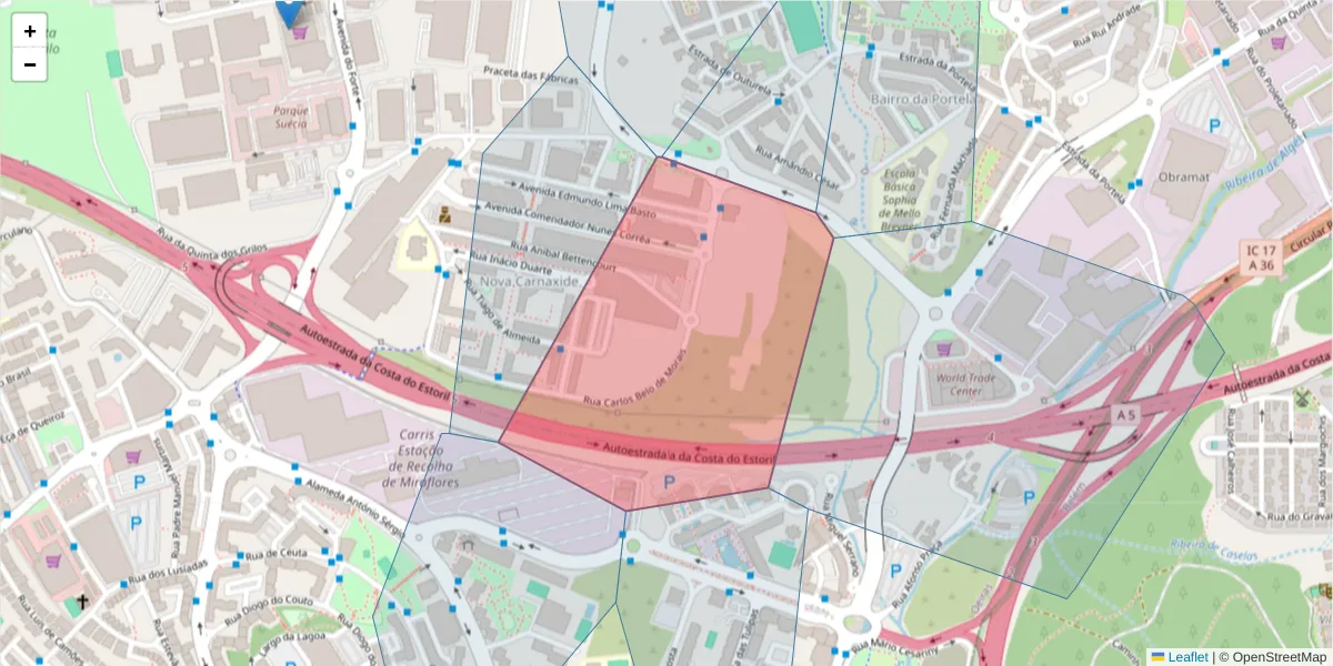 Mapa detalhado do código postal 2790-225 com limites, códigos postais vizinhos e agências dos correios