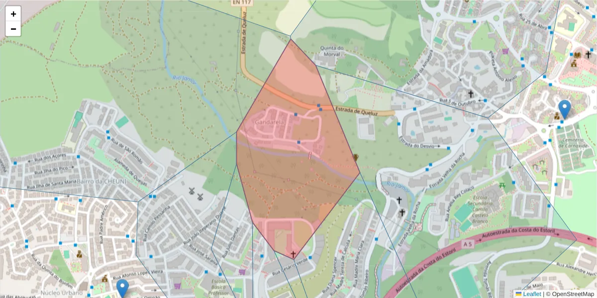 Mapa detalhado do código postal 2790-416 com limites, códigos postais vizinhos e agências dos correios