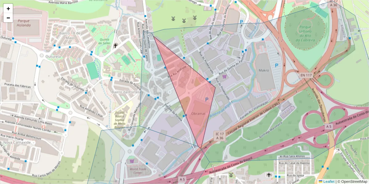 Mapa detalhado do código postal 2794-051 com limites, códigos postais vizinhos e agências dos correios