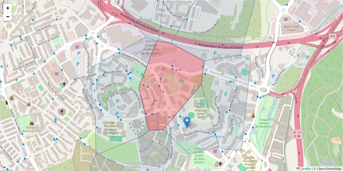 Mapa detalhado do código postal 2795-046 com limites, códigos postais vizinhos e agências dos correios