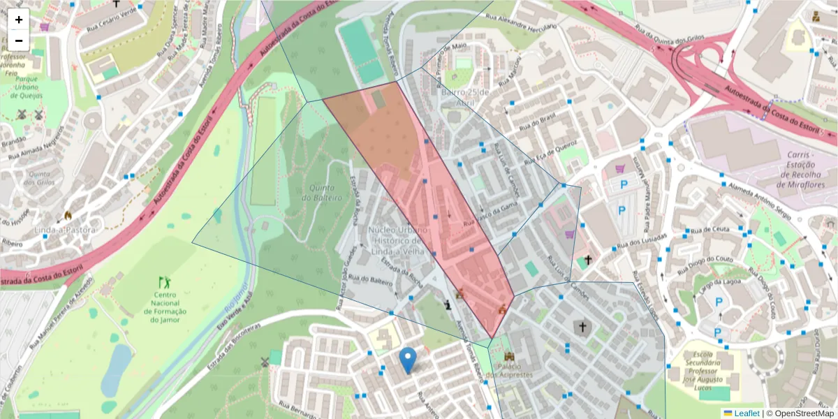 Mapa detalhado do código postal 2795-061 com limites, códigos postais vizinhos e agências dos correios
