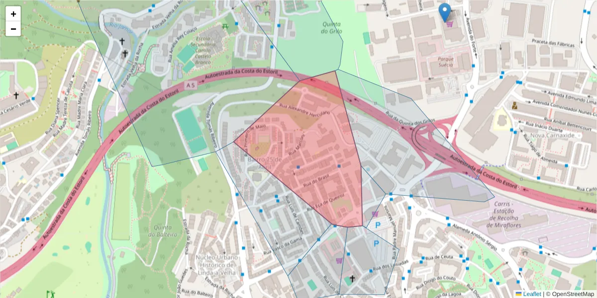 Mapa detalhado do código postal 2795-073 com limites, códigos postais vizinhos e agências dos correios