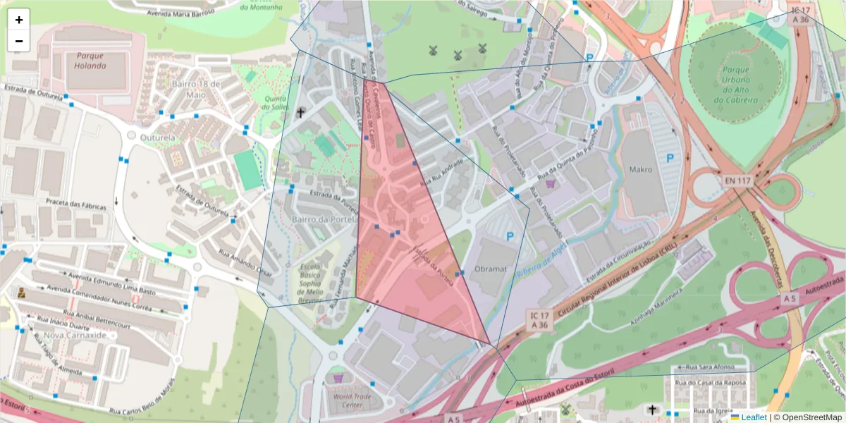 Mapa detalhado do código postal 2795-122 com limites, códigos postais vizinhos e agências dos correios