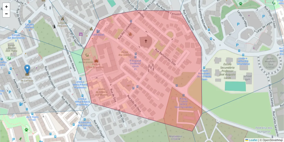 Mapa detalhado do código postal 2795-127 com limites, códigos postais vizinhos e agências dos correios