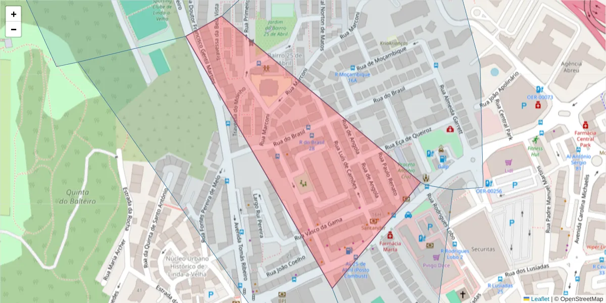 Mapa detalhado do código postal 2795-226 com limites, códigos postais vizinhos e agências dos correios